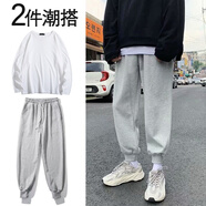 (買一送衣服 厚款）褲子男運(yùn)動衛(wèi).褲加厚秋冬潮牌直筒寬松束腳褲港風(fēng)百搭加絨休閑褲九分褲子帥氣衣服男 灰色款（送T恤） XXL碼