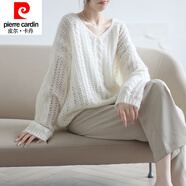 皮爾卡丹慵懶風(fēng)馬海毛鏤空針織衫女裝春秋新款氣質(zhì)V領(lǐng)上衣套頭麻花毛衣女 米白 XL 建議120斤-130斤