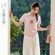 艾路絲婷弧形下擺短袖t恤女2024夏季新款小V領(lǐng)polo衫草莓印花減齡55298 粉絲 L