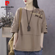 皮爾卡丹100%棉2025夏季新款短袖T恤女寬松休閑五分袖大i碼百搭拼接上衣in 卡其色 3XL 建議145-160斤