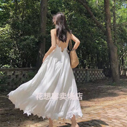 勉岳夏季女士沙灘裙女海邊度假長裙少女生連衣裙沙灘裙露背高腰 白色 s