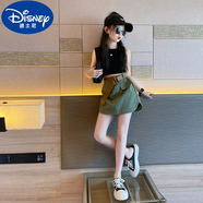 迪士尼（Disney）女童背心短褲套裝爵士街舞夏季2025新款兒童褲子女孩大童工裝裙褲 套裝(軍綠色裙褲+黑色上衣) 150 (適合140-150cm，9-10歲)