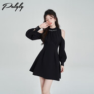 Palglg富家千金掛脖露肩燈籠長袖高腰連衣裙女裝秋季小眾高級感氣質(zhì)黑色 黑色 S