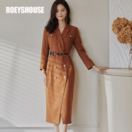 ROEYSHOUSE羅衣通勤職業(yè)西裝連衣裙女秋裝新款氣質(zhì)純色修身中長(cháng)款裙子06027 咖色（配送腰帶） S