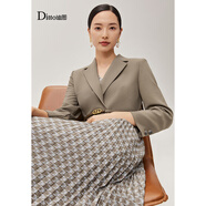 迪圖西裝連衣裙女2023秋冬新款假兩件氣質(zhì)OL通勤千鳥格裙子印花百褶裙 淺駝色 XL