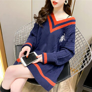 夢(mèng)史怡2022春季新款V領(lǐng)刺繡毛衣馬甲女學(xué)生韓版寬松顯瘦學(xué)院風(fēng)針織背心 藏青色長(cháng)袖 M
