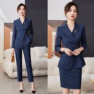 芭妃婭（BAFEIYA）西裝套裝女時(shí)尚工作服職業(yè)氣質(zhì)西服外套女神范高端小眾設計感穿搭 藏藍色長(cháng)袖西裝+半身裙+九分褲 S