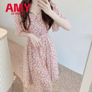愛麥依夏季V領碎花連衣裙女甜美風氣質收腰顯瘦高腰短袖包臀a字裙 紅花色 L 110-120斤