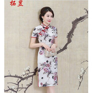 拓昱 旗袍中國風(fēng)中老年復(fù)古修身走秀短袖中長款旗袍裙改良版連衣裙 紫花 2XL