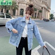 艾妃琳歐洲站燙鉆牛仔外套女春秋2025新款韓版寬松BF百搭流行夾克上衣潮 藍色 S 【80-115斤】