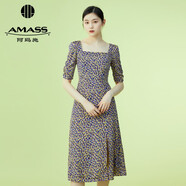 阿瑪施（AMASS）女裝新款復(fù)古碎花方領(lǐng)開叉高腰中長A字連衣裙5500406 紫 XL (5碼)