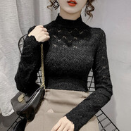 儷纓 半高領(lǐng)磨毛鏤空打底衫女蕾絲衫秋冬新款內搭網(wǎng)紗T恤女長(cháng)袖上衣 黑色(常規款） S(建議80-95斤)