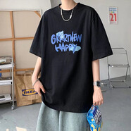 暢登 夏季新款韓版寬松短袖T恤男圓領五分袖半袖衣服男裝夏天打底衫 黑色【T87】 XL 【130斤左右】
