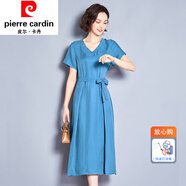 皮爾卡丹（pierre cardin）女裝銅氨絲V領(lǐng)連衣裙寬松收腰遮肚子真絲純色氣質(zhì)短袖長(zhǎng)裙夏 皮爾卡丹-孔雀藍(lán) 皮爾卡丹-M