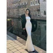 口旋法式感醋酸緞面抹胸裙女白色魚(yú)尾度假沙灘禮服裙 白色 S