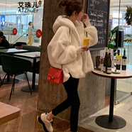 艾珠兒羊羔毛外套女秋冬季百搭新款連帽棉襖加絨加厚小個(gè)子棉衣棉服女 白色 S