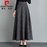 皮爾卡丹高檔品牌女裝2022秋冬毛呢格子半身裙女百搭高腰A字裙中長款加厚顯瘦長裙 深灰暗格子 定制專拍尺碼