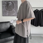 舉風(fēng)胖子大碼夏季潮流開衩短袖T恤男寬松大碼情侶五分袖打底衫圓領(lǐng)半袖體恤 灰色 3XL