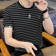 啄木鳥短袖T恤男夏季圓領(lǐng)休閑條紋體恤衫青年學(xué)生ins潮牌半袖上衣服薄款 3307黑色 L 100-115斤