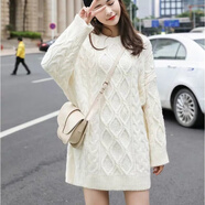 新款大款毛衣女 中長(cháng)款韓版圓領(lǐng)套頭麻花寬松秋冬加厚慵懶風(fēng)針織打底衫外穿 米白 L