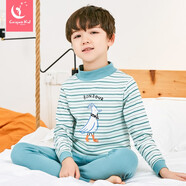 彩橋兒童內(nèi)衣套裝純棉半高領(lǐng)男童秋衣褲中大童學(xué)生棉毛衫秋冬套裝 綠色 170cm
