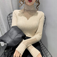 五個橘子打底衫女半高領(lǐng) 2022春秋新款女裝韓版性感緊身黑色鏤空內(nèi)搭蕾絲顯瘦絲絨打底衫內(nèi)搭女士上衣 杏色 M