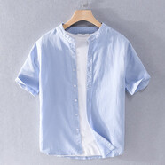 歌世爵夏季男裝亞麻休閑襯衫寬松圓領(lǐng)純色沙灘棉麻小清新文藝襯衣男 淺藍色 XL