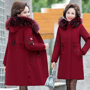 孜顏媽媽裝棉服冬季厚外套中老年女裝冬裝派克服棉襖50-60歲洋氣衣服 紅色 加絨 2XL （建議100-115斤）