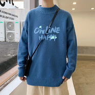 雪萊瓊斯毛衣男士秋冬季新款男裝半高領(lǐng)印花針織衫青少年寬松毛線(xiàn)衣上衣服 藍色 4XL