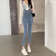 寶喬旭牛仔背帶褲女年秋裝彈力修身鉛筆褲高腰顯瘦連體褲小腳褲 淺藍色 L