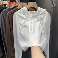 她風(fēng)采 歐洲站長(cháng)袖T恤女300斤超韓版百搭連帽上衣罩衫顯瘦打底衫 白色 L 90-120斤