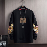 有衣有靠2021春季新款ins潮牌國潮中國風(fēng)刺繡衛衣男圓領(lǐng)打底衫上衣服 8010黑色 XL
