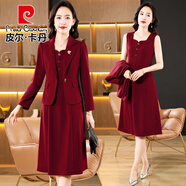 皮爾卡丹喜婆婆婚宴裝禮服套裝2025春秋新款媽媽裝短款外套連衣裙兩件套 酒紅色 XL