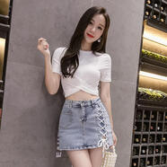 夏新款高腰綁帶牛仔短裙彈力修身包臀裙防走光假兩件裙小個(gè)子女SN5244 淺藍色 S