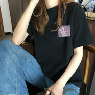 蝗裳一族白小T100%純棉短袖t恤女2024新款夏季學(xué)生韓版寬松半袖上衣服 太空兔-黑【100%優(yōu)質(zhì)純棉】 2XL 【建議140-165斤】