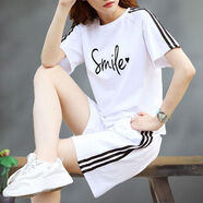 夏天女生跑步運動(dòng)穿的短衣短褲套裝純棉運動(dòng)短褲女夏季薄款寬松時(shí)尚健身褲套裝大碼跑步服休閑五分褲 2201#白色套裝【開(kāi)心】 M 建議80-105斤