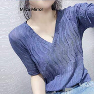 Mirza Mirror歐洲站2022夏季新款V領(lǐng)褶皺純色短袖T恤女針織小衫內(nèi)搭藍(lán)色洋氣質(zhì) 藍(lán)色 L