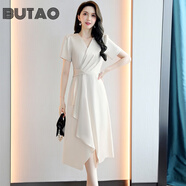 BUTAO潮牌女裝連衣裙夏季新款醋酸緞面中長(cháng)款性感顯瘦垂感小個(gè)子裙子 米色 L