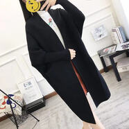 藍駿啟秋季新款韓版開(kāi)衫女中長(cháng)款蝙蝠袖外套過(guò)膝寬松大媽毛衣針織衫 黑色 M (適合95-120)