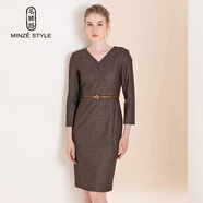 名師路V領(lǐng)斜紋薄呢連衣裙冬季新品通勤簡(jiǎn)約九分袖羊毛呢一步裙 咖啡色76 XL