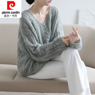 皮爾卡丹慵懶風(fēng)馬海毛鏤空針織衫女裝春秋新款氣質(zhì)V領(lǐng)上衣套頭麻花毛衣女 灰綠 M 建議95斤-110斤