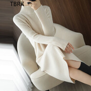 TBRK品牌半高領(lǐng)中長款毛衣裙秋冬新款純色百搭過膝修身打底彈力針織裙 半高領(lǐng)米白色 M 95-105斤