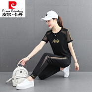 皮爾卡丹（pierre cardin） 中年冰絲休閑運(yùn)動(dòng)服套裝女純棉夏裝2024新款中年女洋氣40歲夏季 5728黑色【長褲】套裝 XL 適合115-128斤