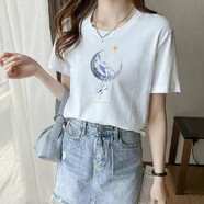 珞妮短袖t恤女2025夏季新款女裝圓領(lǐng)體恤韓版寬松顯瘦休閑半袖上衣女 白色-星球 M 建議95-105斤
