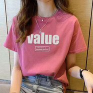 珞妮短袖t恤女2025夏季新款女裝圓領體恤韓版寬松顯瘦休閑半袖上衣女 玫粉色-英文 XL 建議120-135斤