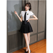 溫萊蔓莎 性感低胸技師工作服新款女養生館襯衣職業(yè)裝足浴足療桑拿按摩工衣學(xué)院風(fēng)套裝百褶裙 白色上衣+黑色裙 S