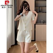 皮爾卡丹（pierre cardin）小個(gè)子氣質(zhì)小香風(fēng)西裝短袖套裝夏季感小洋裝女外套短褲兩件套套裝 米白色【兩件套】 M【建議100-110斤】