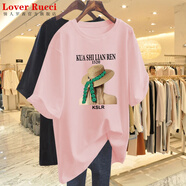 LOVER RUCCI法國夏季純棉歐貨2025新款短袖t恤女裝寬松質(zhì)感中長款半袖上衣潮 粉色G1678黑圖-草帽女】 L 建議110-135斤