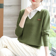 璦優(yōu)霏（aiyoufei）針織衫女新款假兩件襯衫領(lǐng)毛衣女外套寬松百搭長(cháng)袖春秋打底衫上衣 2297 鴨綠色 L 建議105-115斤左右
