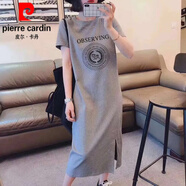 皮爾卡丹（pierre cardin）2024純棉短袖長裙寬松休閑過膝恤裙簡約中長款連衣裙女顯瘦夏季針 灰色(圓圈粉紅豹款) XXL 145-180斤